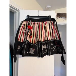 Handmade Sewing Utility Apron with Multiple Pockets & Embroidered Sewing Motifs